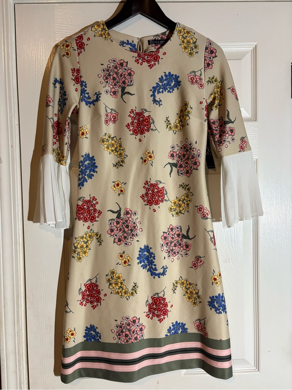 Cream Floral Mini Dress with Pleated Cuffs